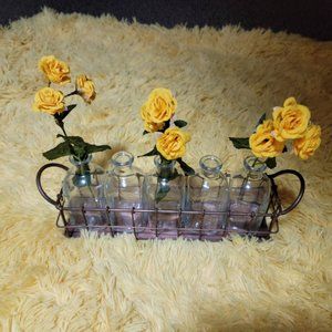 Glass Flower Vase Holder with 5 Bottles and Yellow Roses